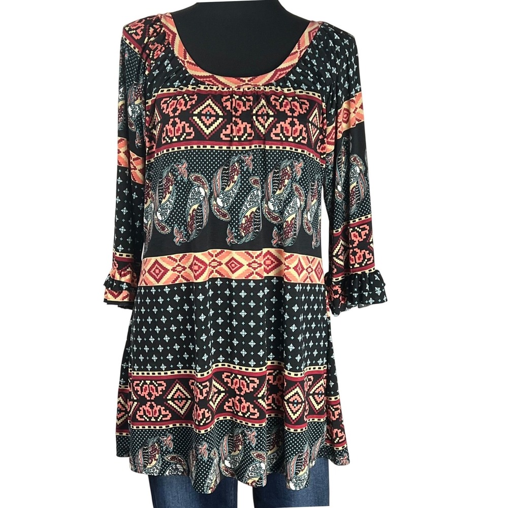 Cezanne‎ Tunic Top Multicolor Paisley Geometric Pattern 1/2 Sleeve Medium Casual